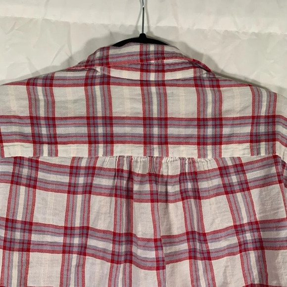 Paige Blouse Women’s Medium Plaid Short Sleeve Button Up Vneck Tie Top - Picture 9 of 9